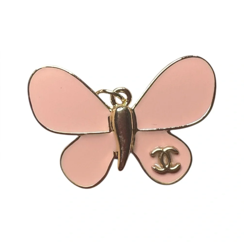 Chanel Vintage Light Pink Enamel Butterfly Pendant Gold-Tone Made in France